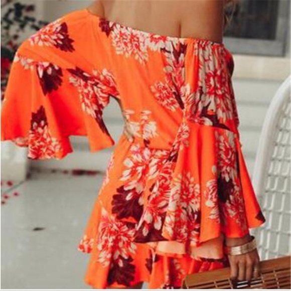 Boho Orange Floral Print Bell Sleeve Romper - Picture 2 of 7